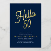 Invitation En Aluminium Blue Hello 50 Gold Script 50th Birthday Party (Recto)