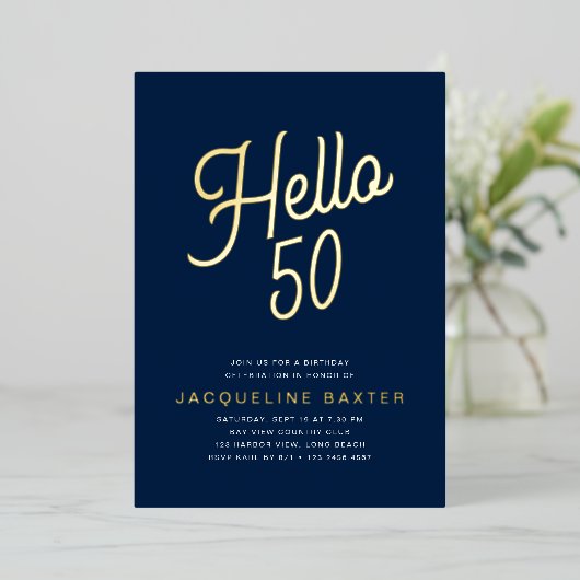 Invitation En Aluminium Blue Hello 50 Gold Script 50th Birthday Party (Debout devant)