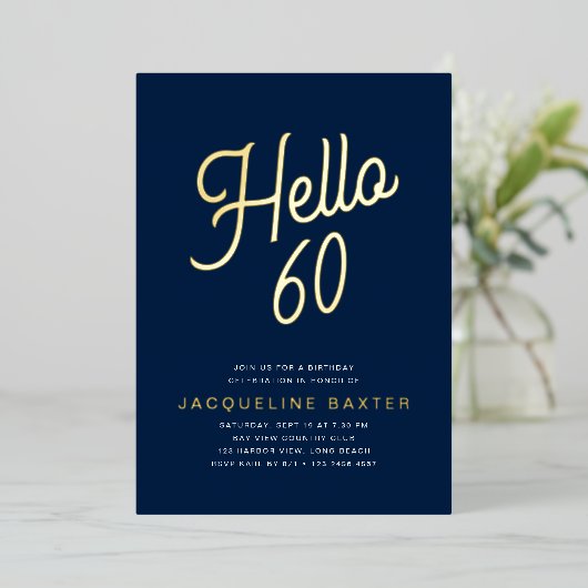 Invitation En Aluminium Blue Hello 60 Gold Script 60e fête d'anniversaire (Debout devant)