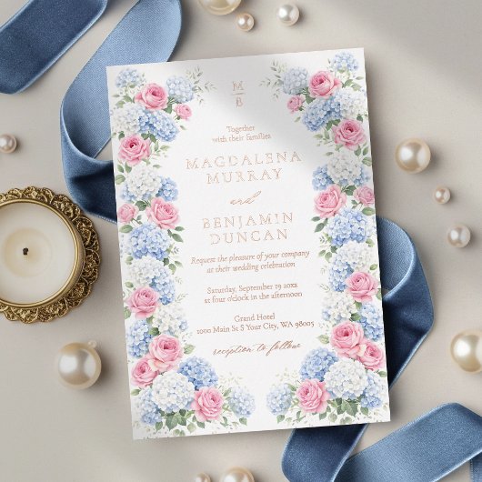Invitation En Aluminium Blue Hydrangea and Pink Rose Floral Garden Wedding
