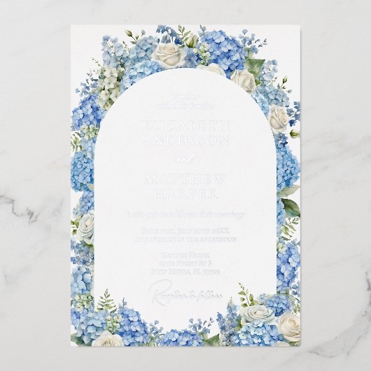 Invitation En Aluminium Blue Hydrangea Roses blanches Mariage d'arche fleu (Recto)