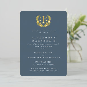 Invitation En Aluminium Blue JD Law Scales+Laurel Wreath Graduation Party