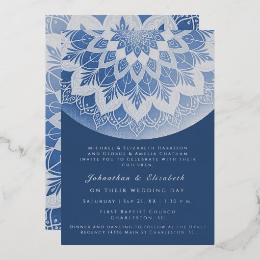 Invitation En Aluminium Blue Lace Mandala Wedding (Recto/Verso)