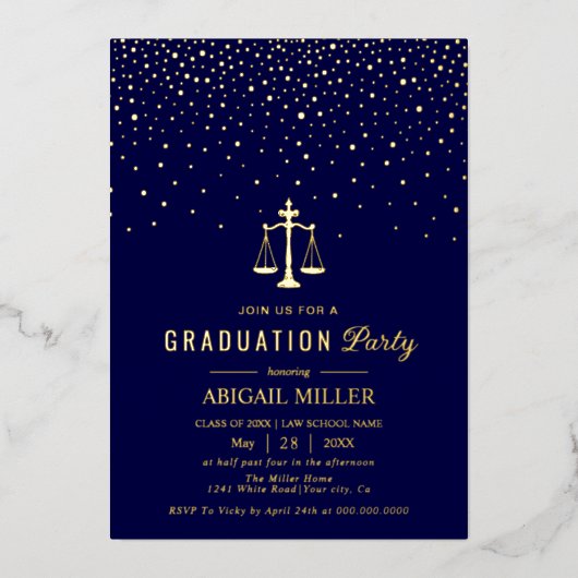 Invitation En Aluminium Blue Law school Class Of 2026 graduation confetti (Recto)