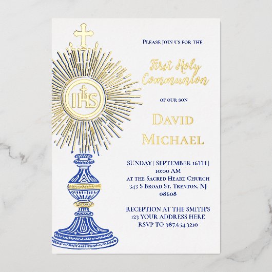 Invitation En Aluminium blue monstrance design | First Holy Communion (Recto)