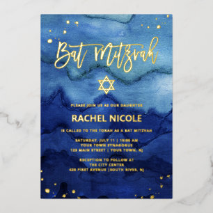 Invitation En Aluminium Blue Ombre Aquarelle et Bat mitzvah Or