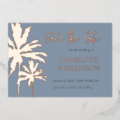 Invitation En Aluminium Blue Palm Trees Beach Wedding Enregistrer La Date  (Recto)