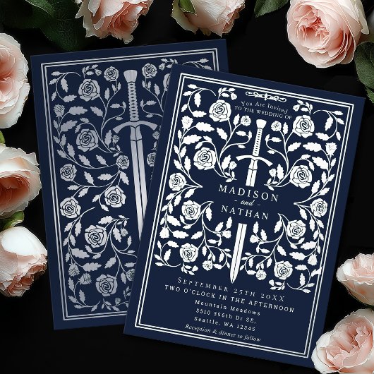 Invitation En Aluminium Blue Royal Medieval Silver Sword Wedding