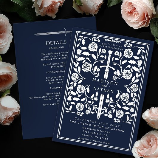 Invitation En Aluminium Blue Royal Medieval Silver Sword Wedding Details