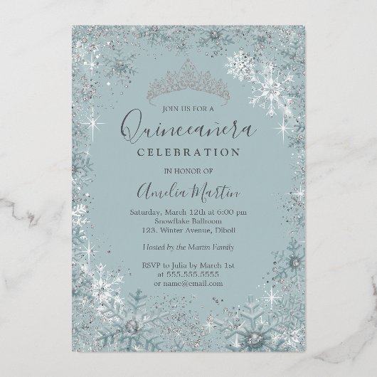 Invitation En Aluminium Blue Silver Snowflake Photo Quinceanera  (Verso)