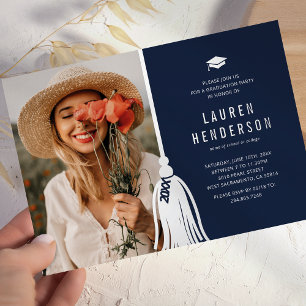Invitation En Aluminium Blue Silver Tassel Photo Graduation Party