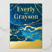 Invitation En Aluminium Blue Sky Galaxy Agate Marbre Mariage or (Recto)