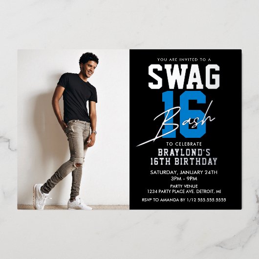 Invitation En Aluminium Blue Swag 16 Anniversaire (Recto)