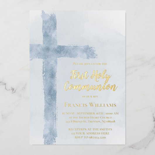 Invitation En Aluminium blue watercolor cross First Holy Communion (Recto)