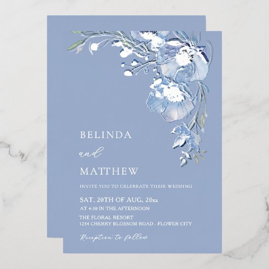 Invitation En Aluminium Blue Watercolor Flowers Casual Wedding (Recto/Verso)