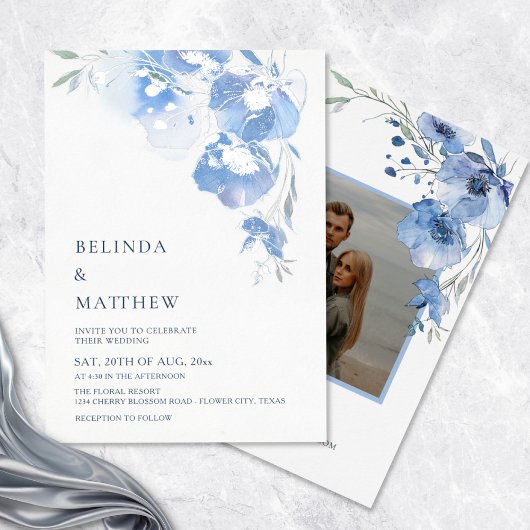 Invitation En Aluminium Blue Watercolor Flowers White Silver