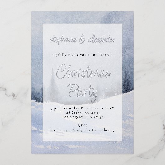 Invitation En Aluminium Blue Winter Forêt Superposition Fête de Noël Real (Recto)