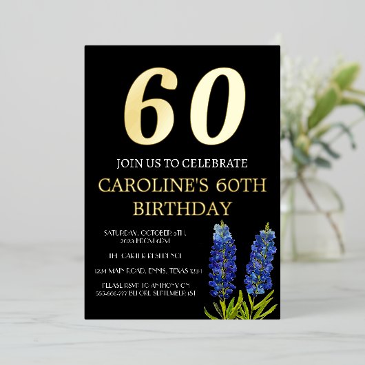 Invitation En Aluminium Bluebonnets 60e anniversaire Blue Gold Chic Glam (Debout devant)