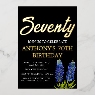 Invitation En Aluminium Bluebonnets Floral 70e anniversaire Black Gold Tex