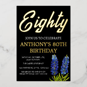 Invitation En Aluminium Bluebonnets Floral 80e anniversaire Black Gold Tex
