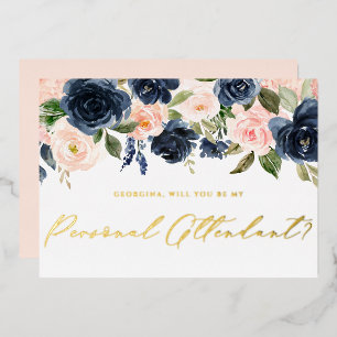 Invitation En Aluminium Blush and Navy Flowers Be My Personal Attendant