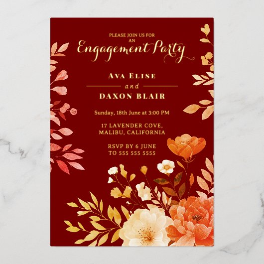Invitation En Aluminium Blush Burgundy Floral Engagement Party (Recto)
