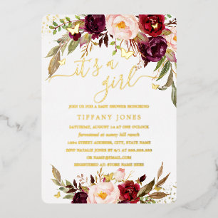Invitation En Aluminium Blush en feuille d'or Burgundy Fleurs Baby Shower 