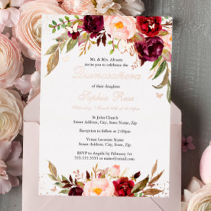 Invitation En Aluminium Blush en feuille d'or Rose Quinceanera Floral Bour