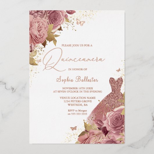 Invitation En Aluminium Blush enchanté avec Quinceanera en or Rose réel (Recto)