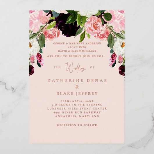 Invitation En Aluminium Blush Floral Mariage Rose or (Recto)