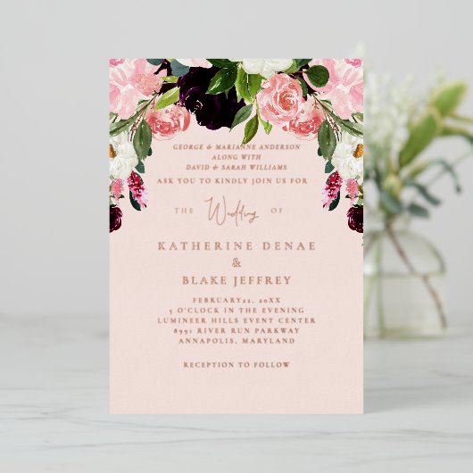 Invitation En Aluminium Blush Floral Mariage Rose or (Debout devant)