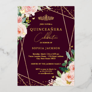 Invitation En Aluminium Blush Géométrique Burgundy Fleurs Photo Quinceaner