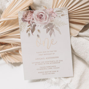 Invitation En Aluminium Blush Girls 1er anniversaire fête Dusty Rose Gold