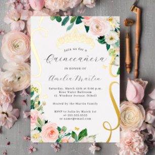 Invitation En Aluminium Blush Gold Floral Fleurs Défilement Quinceanera