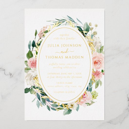Invitation En Aluminium Blush Gold Floral Folial Mariage (Recto)