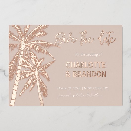 Invitation En Aluminium Blush Gold Palm Trees Beach Mariage Enregistrer La (Recto)