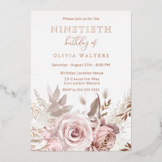 Invitation En Aluminium Blush magique & Rose Floral 90e anniversaire (Recto)