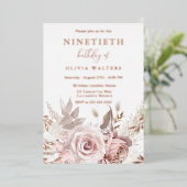 Invitation En Aluminium Blush magique & Rose Floral 90e anniversaire (Debout devant)