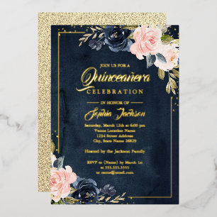 Invitation En Aluminium Blush Navy FEUILLE D'OR VRAI Floral Quinceanera
