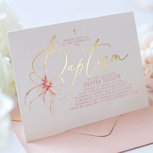 Invitation En Aluminium Blush Pink Bow Elegant Minimalist Girl Baptism