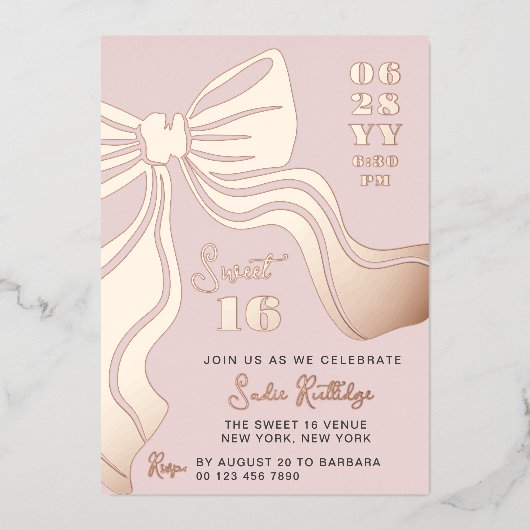 Invitation En Aluminium Blush Pink Rose Gold Bow Sweet 16 (Recto)