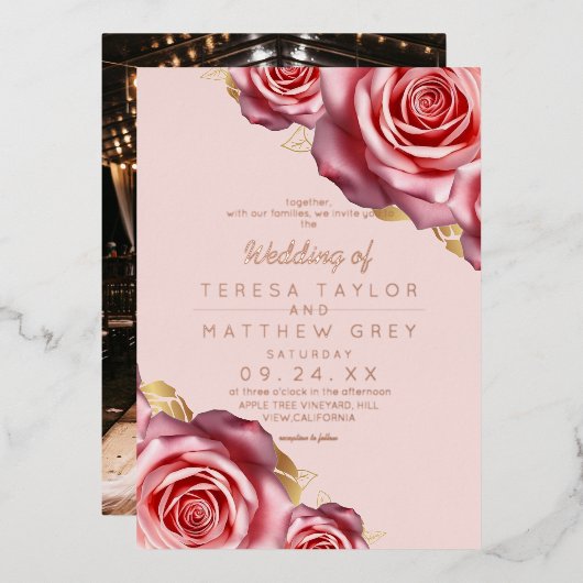 Invitation En Aluminium Blush Pink Roses Gold Foil Modern Wedding  (Recto/Verso)