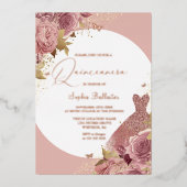 Invitation En Aluminium Blush Quinceanera Fleurs & Robe Rose Gold Script (Recto)