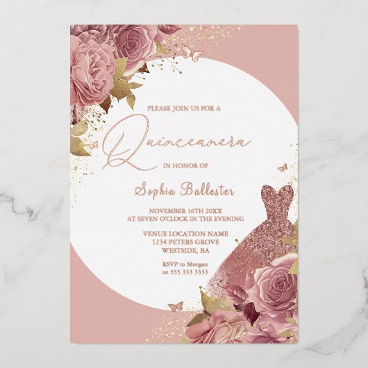 Invitation En Aluminium Blush Quinceanera Fleurs & Robe Rose Gold Script (Recto)