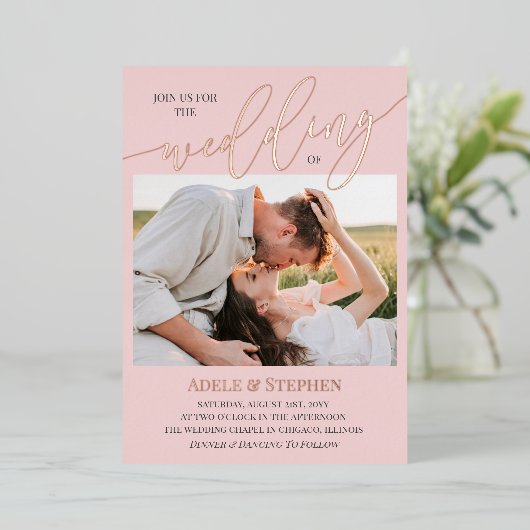 Invitation En Aluminium Blush Rejoignez-nous Script Photos Double Mariage (Debout devant)
