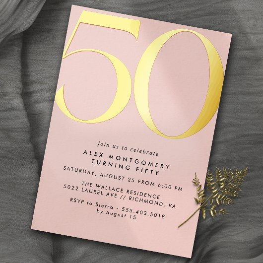 Invitation En Aluminium Blush Rose et Or | 50e anniversaire de femme