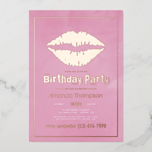 Invitation En Aluminium Blush rose et or Anniversaire des lèvres de baiser (Recto)