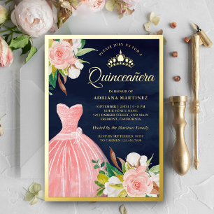 Invitation En Aluminium Blush rose Floral Gown Marine bleu Quinceanera Or