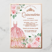 Invitation En Aluminium Blush rose Floral Gown Quinceanera Rose Or (Recto)