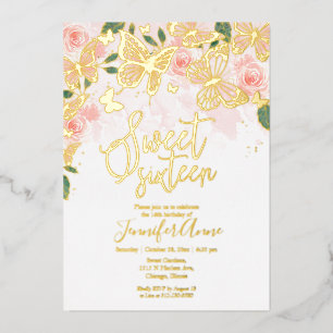 Invitation En Aluminium Blush Rose Floral Sweet 16 Butterfly Gold